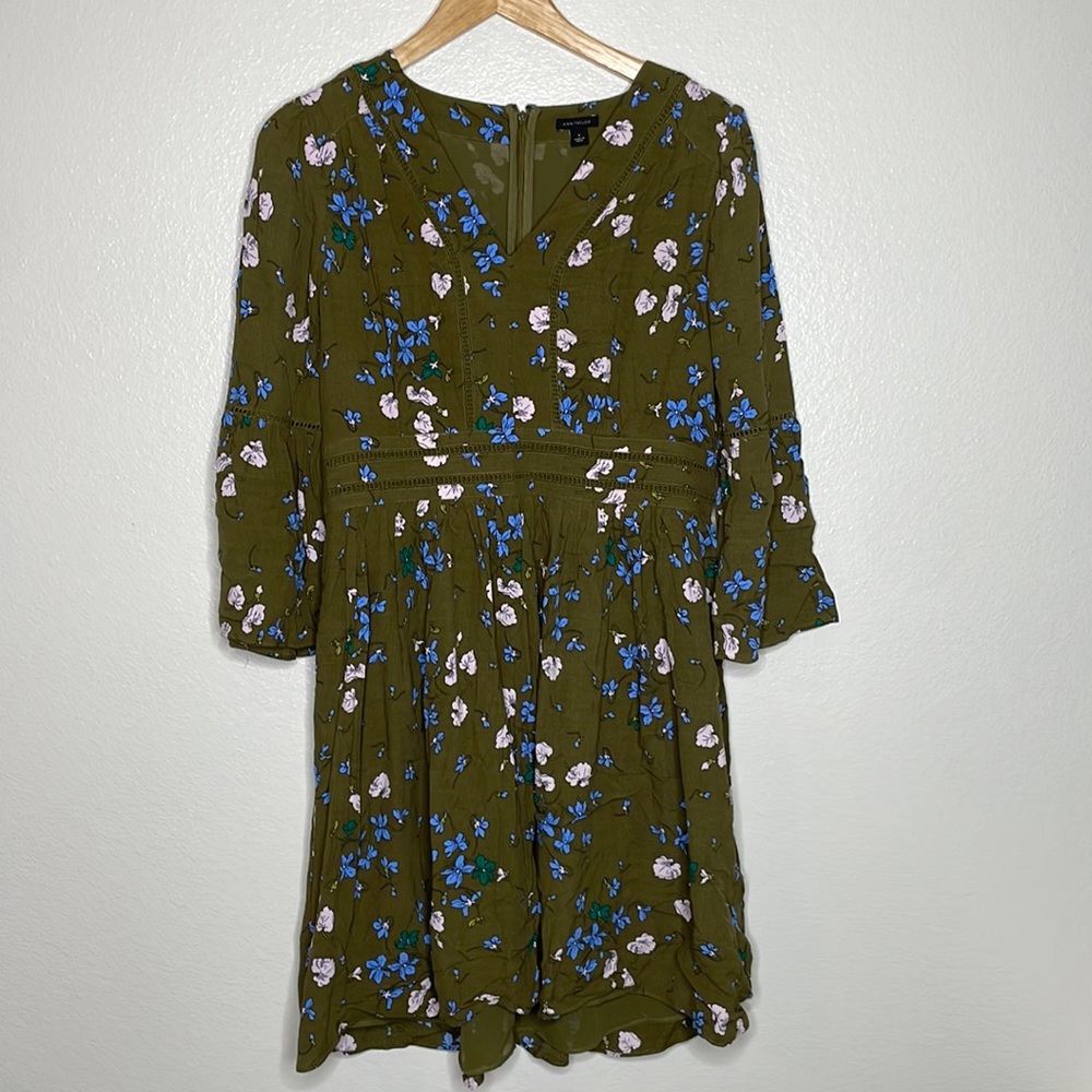Ann Taylor Boho Floral V-neck Tunic‎ Dress sz 4 Green/White/Blue